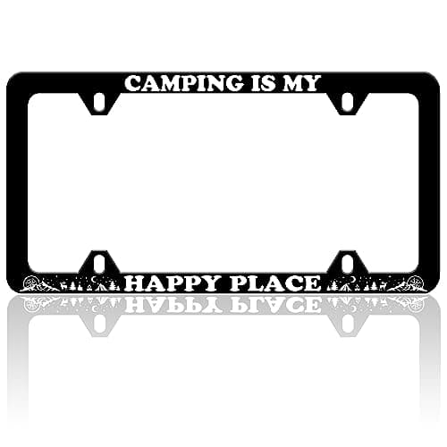 Camping is My Happy Place License Plate Frame Funny Mountain Campfire License Plate Frames Auto Accessory Bracket Stainless Steel License Plate Holder with Screws for Women Men 6x12 Inch 4 Holes