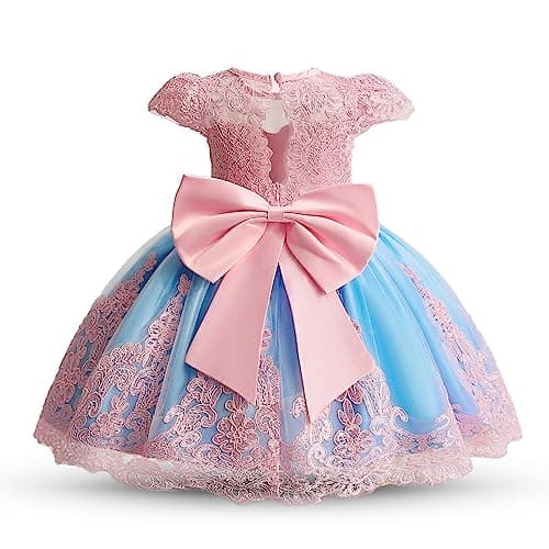 NNJXD Baby Girl Bowknot Tutu Dress for Infant Christening Flower Girls Wedding Birthday Party Gown 2025 Pink&Blue Size(120) 4-5Years