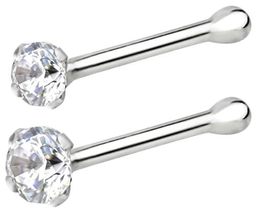 Forbidden Body Jewelry FBJ 14k White Gold Nose Ring, 22g, Solid 7mm Micro Stud, 1.25 & 2mm CZ Simulated Diamond, Non-Irritating Skin Safe Real Gold, Women/Men (2 Pcs Set)