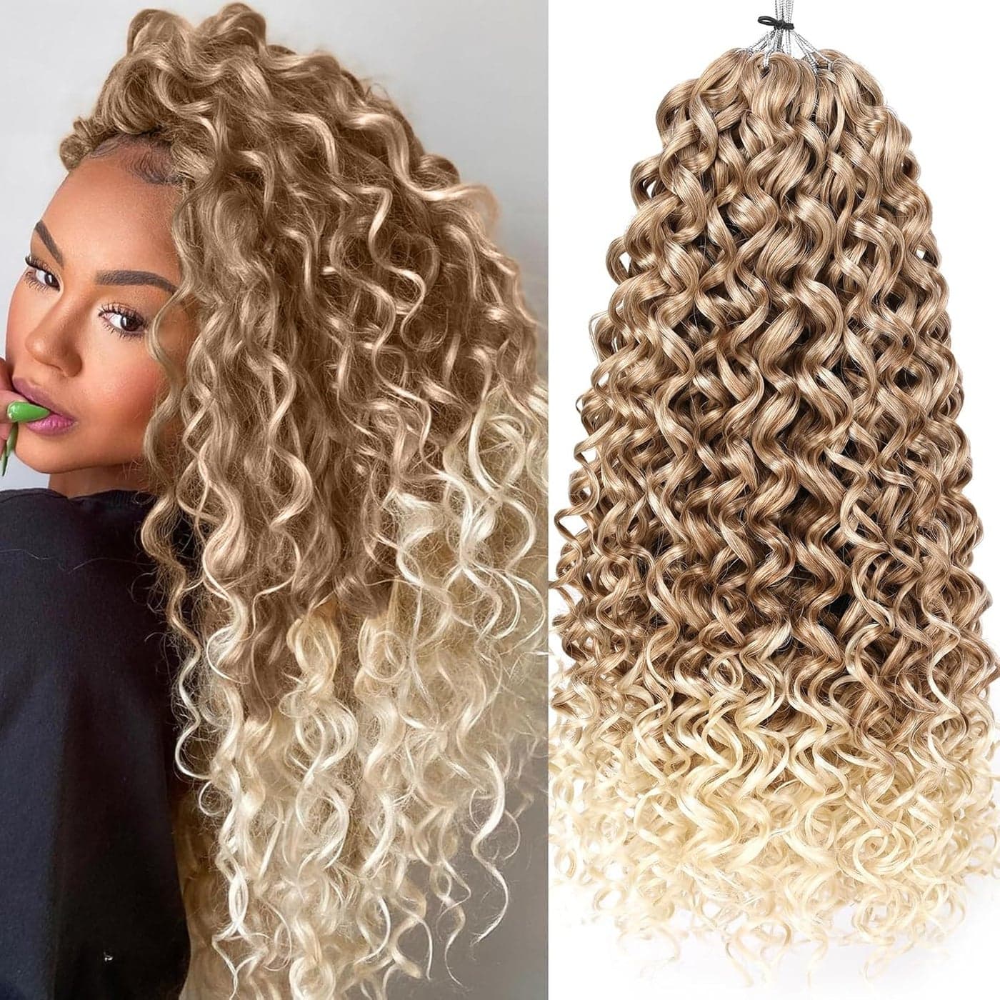 Unionbeauty 8 Pack GoGo Curl Crochet Hair Ocean Wave 18 Inch Water Wave Crochet Hair for Women Beach Curl Curly Crochet Hair Ombre Blonde Synthetic Curly Braiding Hair Extension T27613