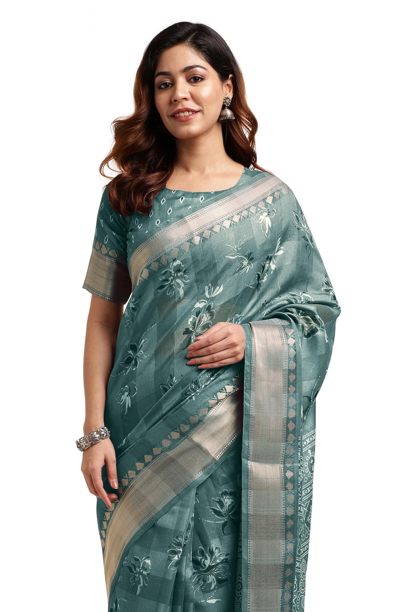 MIRCHI FASHION Women Cotton Blend Floral Printed Saree with Blouse Piece (43834 - Dusty Sea Green, Off White, Golden)