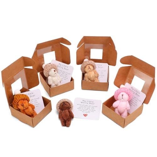 Guiqulai 5pcs Handmade Mini Plush Teddy Bear in a Box My Little Worry Bears with Emotional Uplifting Support Card Tiny Stuffed Animal Gift for Friends Coworkers