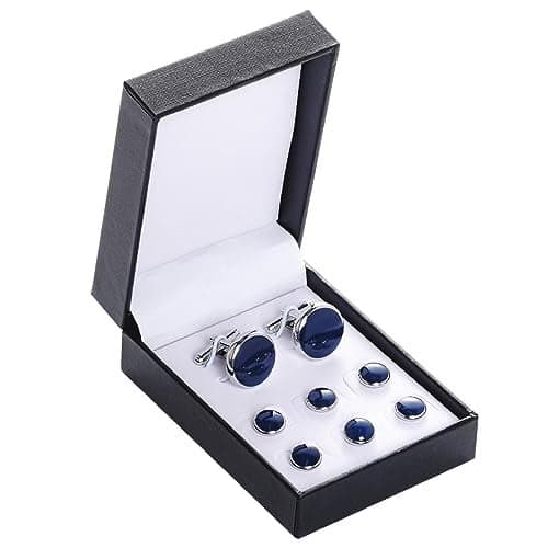 Blue Silver Tuxedo Studs and Cufflinks Set, Mens Cufflinks and Cuff Studs Set Cuff Links Stainless Steel Tux Buttons with Box for Tuxedo Shirts Wedding Business Gift(Blue)