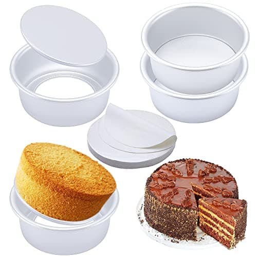 6 Inch Round Cake Pan Set of 4, Nonstick Aluminum Baking Pans with 100 Sheets Parchment Paper, Cake Tins For Making Layered Cakes Deep Dish Pizza Quiches, Removable Bottom For Easy Quick Release