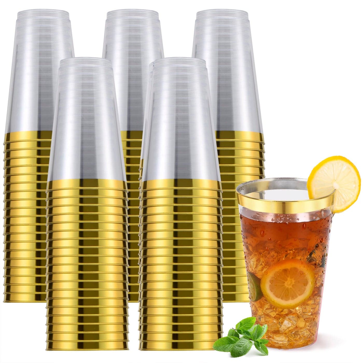 YOUTHSHIP 100 Pcs 16 Oz Disposable Plastic Gold Rimmed Elegant Cups for Wedding Birthday Baby Shower Parties