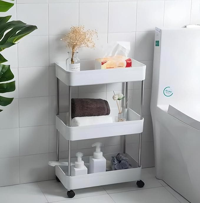 PULSBERY Multipurpose Plastic Trolley with Dish Rack for Kitchen Fruit Vegetable Storage Basket Modern Organizer 3 Layer Stackable Shelf Cart Kitchenware Food Snacks Toys Tiered Shelf White
