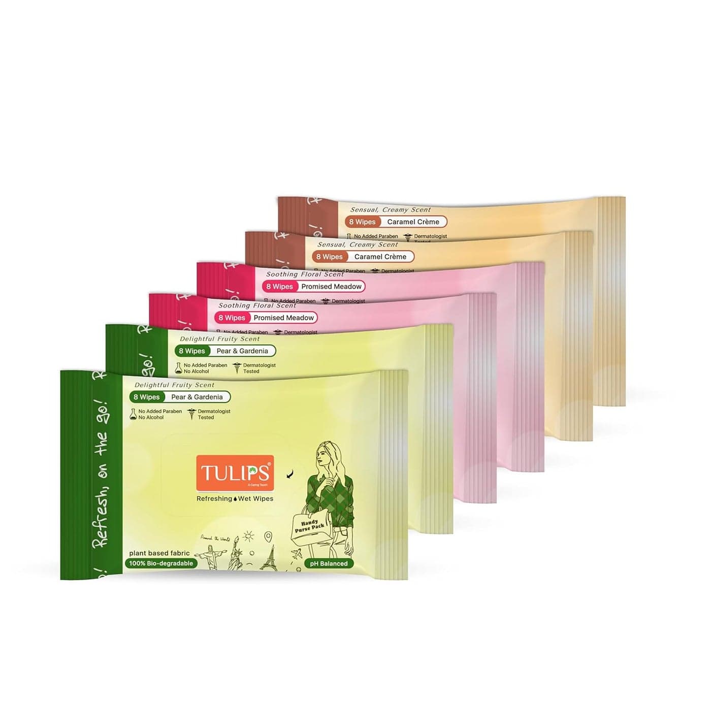 TulipsBiodegradable Refreshing Pocket Wipes Compact Care for OntheGo Momentsdelightful scent gentle and safe for all skin typesCaramel Creme Pear Gardenia and Promised Meadow Pack of 5 8 wipes in a pack