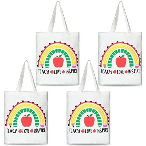 Saintrygo 4 Pack Teacher Appreciation Gifts Canvas Tote Bags Rainbow School Reusable Grocery Bag for Women Appreciation Week(Teach Love Inspire)
