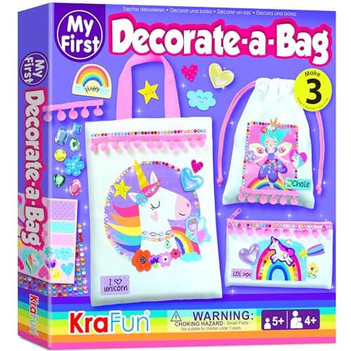KRAFUN DIY Bag Decorating Kit for Girls Create 3 Custom Unicorn Fairy Bags NoSew MessFree Crafts with Stickers Gems Fashion Art Activity Gift for Kids Ages 510