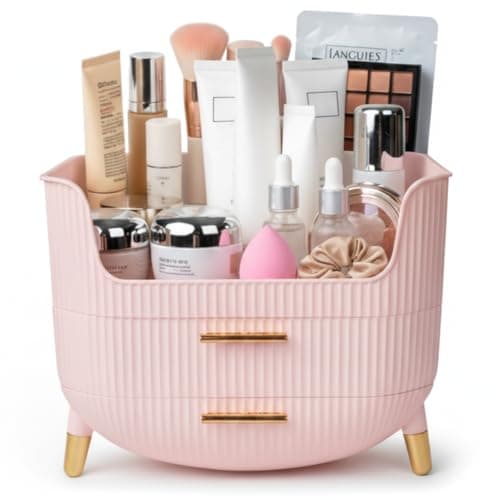 HALAFE Makeup Organizer with Drawers Skincare Storage Box for Vanity Multiple Compartments Portable Cosmetic Display Case with Handle Large Make up Organizers for Dresser Bathroom Bedroom Pink