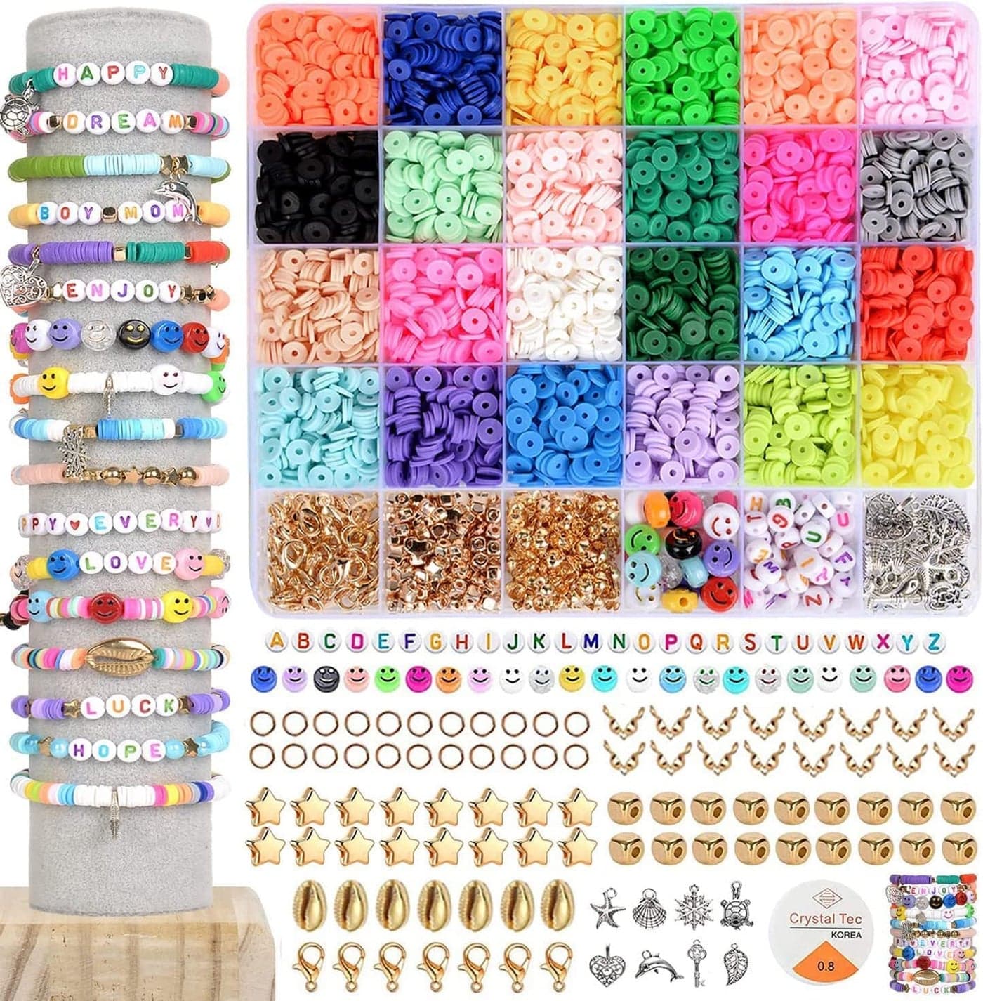 KALBHA SELES Clay Beads for Jewelry Making Kit Colorful Clay Beads Bracelet Kit Colorful Polymer Flat Beads Spacer Alphabet Beads with Charms Strings DIY Craft Gift for Kids Girls