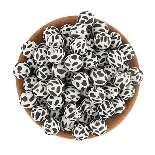 Decoendiy 50Pcs 15mm Silicone Printed Beads Leopard Cow Animal Print Flower Leaves Plaid Loose Round Spacer for Adults DIY Crafts Supplies 7