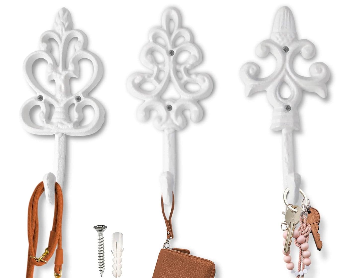 Shabby Chic Decorative Wall Hooks Set of 3 Cast Iron French Country Wall Decor Farmhouse Hangers for Coats Purses and More Pure White