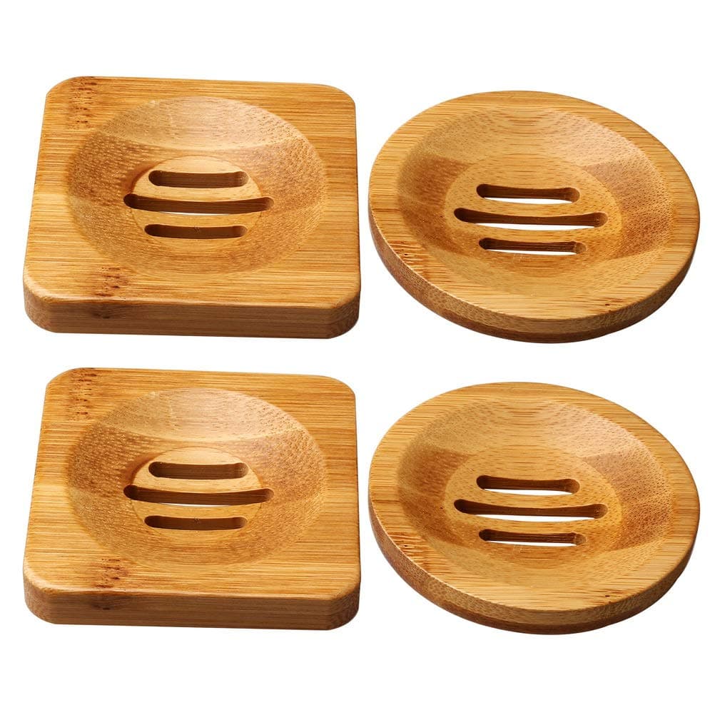 SUMAJU 4 Pcs Wooden Soap Holders Bathroom Soap Dish Natural Bamboo Soap Holder Square Round Soap Dishes for Home Bathroom