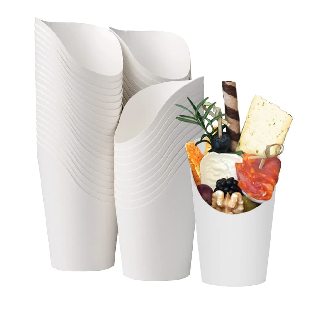 KINGZHUO 50pcs French Fries Holder 14oz Charcuterie Cups Disposable Takeout Party French Fry Cups Waffle Paper Popcorn Boxes Sandwich Paper Cups Holder Wedding Food Trays Paper Cones for Food White