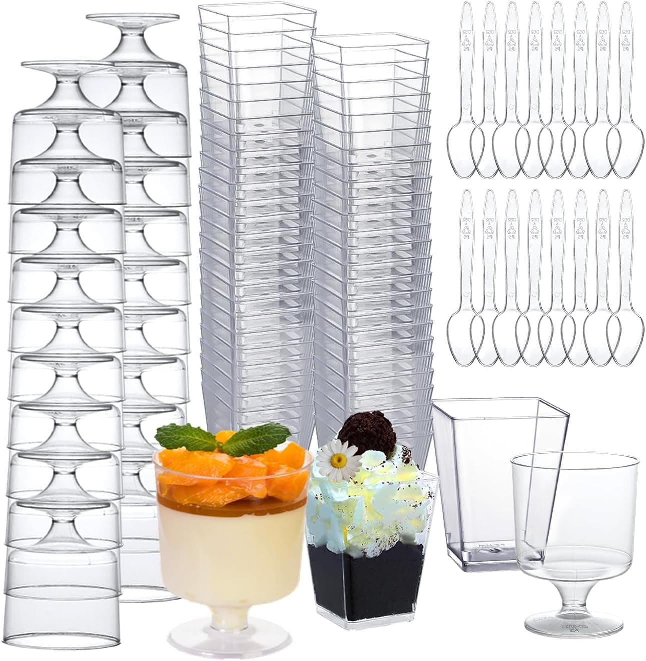 mwellewm 300 Packs Dessert Cups with Spoons 5 OZ Mini Clear Plastic Dessert Parfait Cup for Party Square Dessert Shot Glasse Round Goblet Small Reusable Fruit Ice Cream Pudding Appetizer Cup Bowls