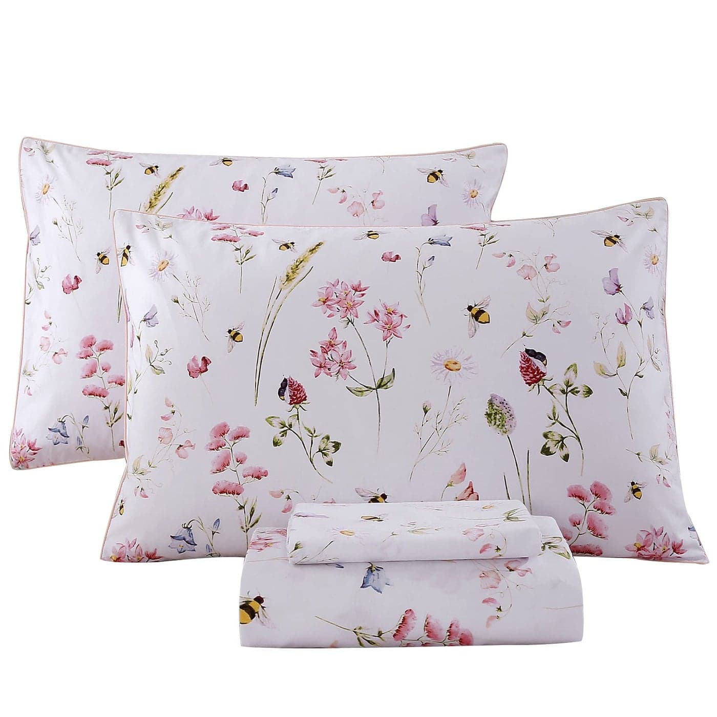 RYNGHIPY Shabby Floral Bees Print Bedding Sheets with Pillowcases Breathable Egyptian Cotton Bed Sheet Set BeeKing Size