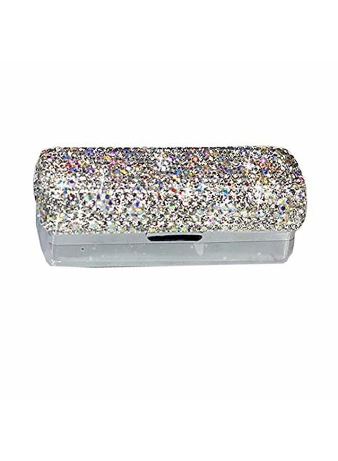 Lipstick Bling Rhinestone Crystal Lipstick Case Storage Organizer Box with Mirror for Women's Lipstick Holder-Cosmetic Storage Kit (Silver)