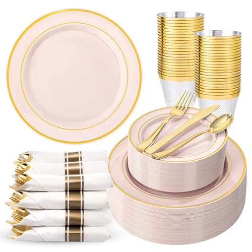 WDF Partyware 350PCS Pink Disposable Plates - Pink Plastic Plates 50Guests Plastic Dinnerware Sets with Rolled Napkins for Wedding/Birthday/Baby shower