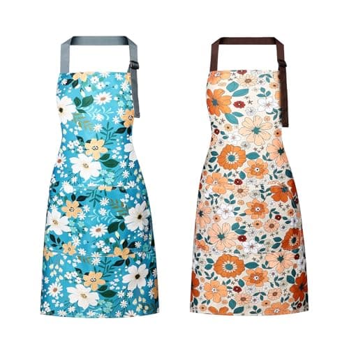 IHFAIO Floral Apron Women, 2 Pack Aprons for Women with Pockets, Waterproof Kitchen Apron Aprons for Cooking, Baking (Blue Yellow)