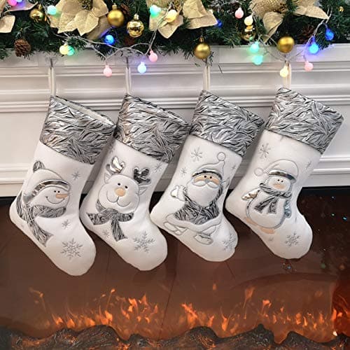 BSTAOFY Christmas Stockings Set of 4 Soft NonWoven Patterned Santa Claus Animals Socks for Assorted Xmas Tree Hanging Decor Party Ornaments Gifts Kids Silver