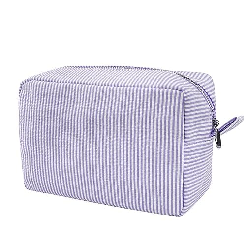 GFU Cosmetic Bags for Women Seersucker Cosmetic Bag Travel Toiletry Stripe Makeup Bag Large Women Aesthetic Organizer Storage Pouch Girls Handbags PursesPurple