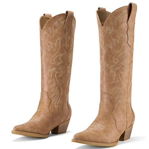 Rollda Cowboy Boots for Women Cowgirl Boots Embroidered Knee-High Western Boots Pointy Toe with Chunky Heel Tan Size 8.5