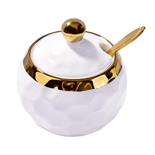 BOSILI White Ceramic Sugar Bowl with Lid and Spoon, 8.5oz Modern Hammered Texture Seasoning Jar, Coffee Bar Accessory & Spice Pot, Porcelain Sugar Dispenser for Countertop & Tea Service