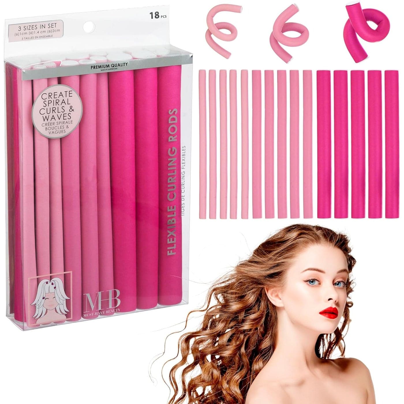 Expressions 18pc Flexible Curling Rods Pink Hair Curlers for Women In Assorted Sizes Curly Hair Products For Spiral Curls Waves Classic Hair Roller Set Volumizing Heatless Curler Value Pack