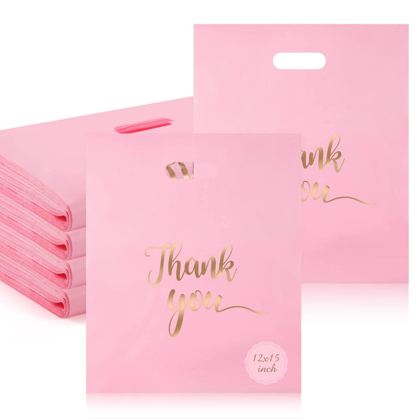 200 Pieces Pink Plastic Thank You Bags for Small Business Plastic Shopping Merchandise Gift Bags with Handles and Gold Thank You Logo for Party Stores Business Gift Supplies12 x 15 Inch