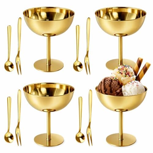 YITOBA 4 Pack Stainless Steel Ice Cream Bowls, 7 oz Small Dessert Cups with Spoons, Cute Ice Cream Dishes, Reusable Decorative Footed Bowl for Sundae, Pudding, Fruit Salad (Gold)