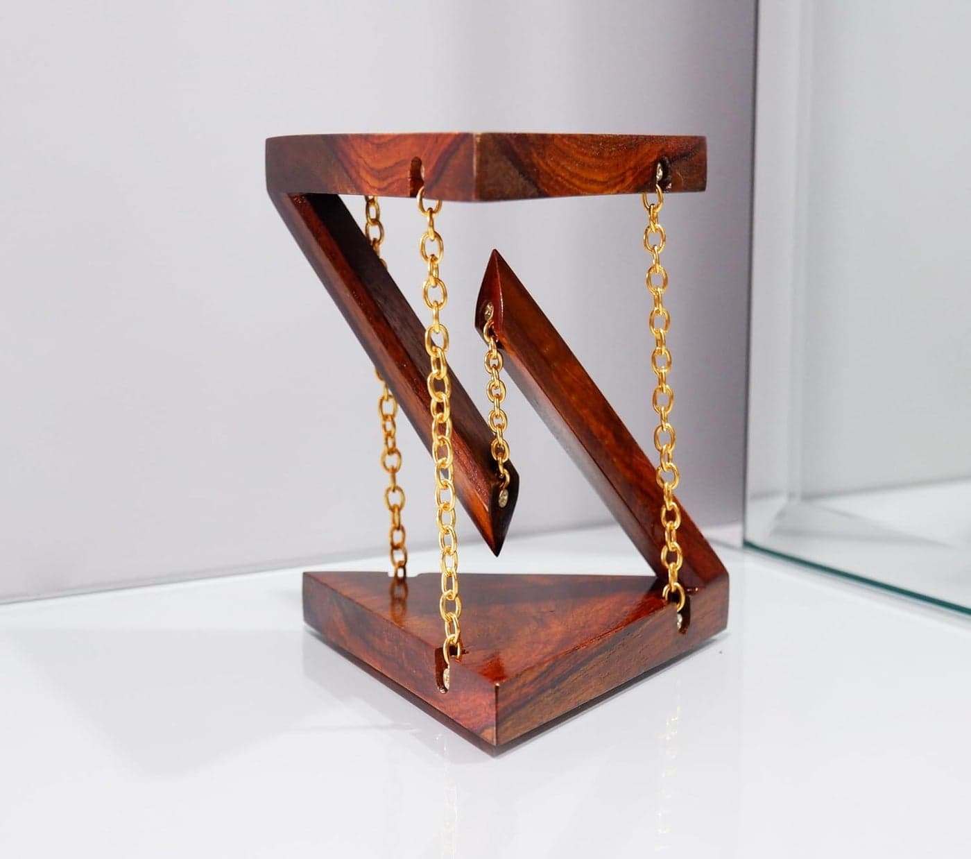 TOLAS INDIA Tensegrity Diwali Gift for Home Office Decor Made with Solid Wood Showpiece Light Weight Table Top Triangle Shape Vintage Brown Surface with Gold Finish Chain