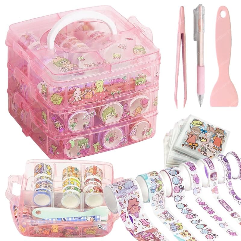 FunBlast Washi Tape Set - 100 Pcs Designer Decorative Masking Tapes with 20 Pcs Kawaii Stickers, Tweezer, Pen and Spatula in 3 Layer Box, Tapes for DIY Art & Crafts, Wrapping (B)