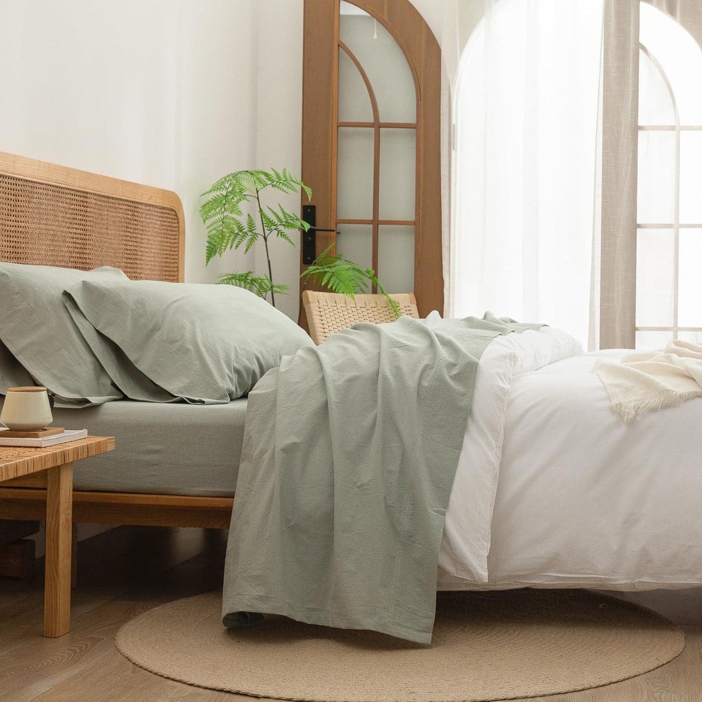 BESTOUCH Sheet Set 100 Washed Cotton Linen Feel Super Soft Comfortable Chic Lightweight 4 Pcs Home Bedding Set Solid Sage Green Queen