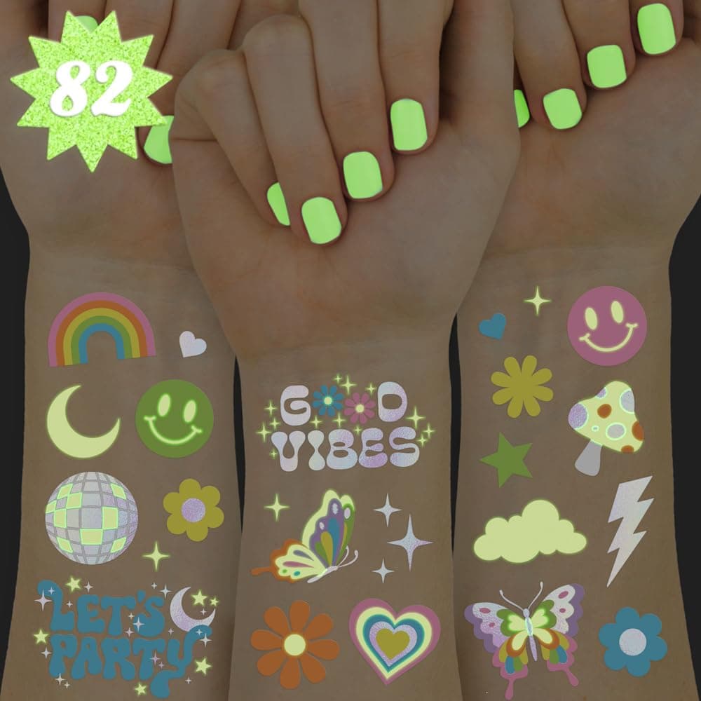 xo Fetti Groovy Disco Glow in Dark Foil Temporary Tattoos 82 pc Flower Power Birthday Party Supplies Rave Bachelorette Party Favors Smiley Decorations Y2K Rainbow Arts and Crafts