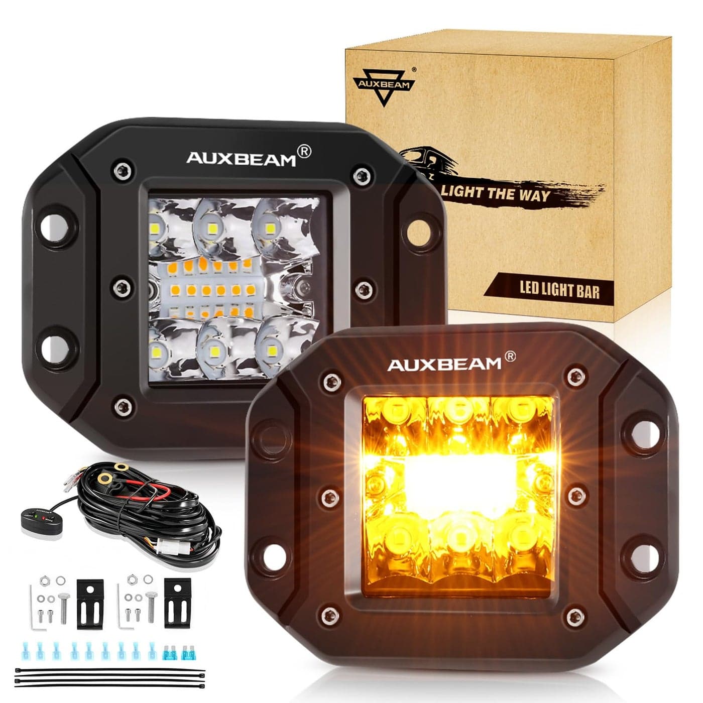 Auxbeam 5 Inch Flush Mount Led Light Pods Amber Flush Mount Bumper Fog Lights 6 Modes Strobe Cube Pod Light Bar Yellow Spot Flood Offroad Driving Ditch Lights for Truck Jeep Car ATV