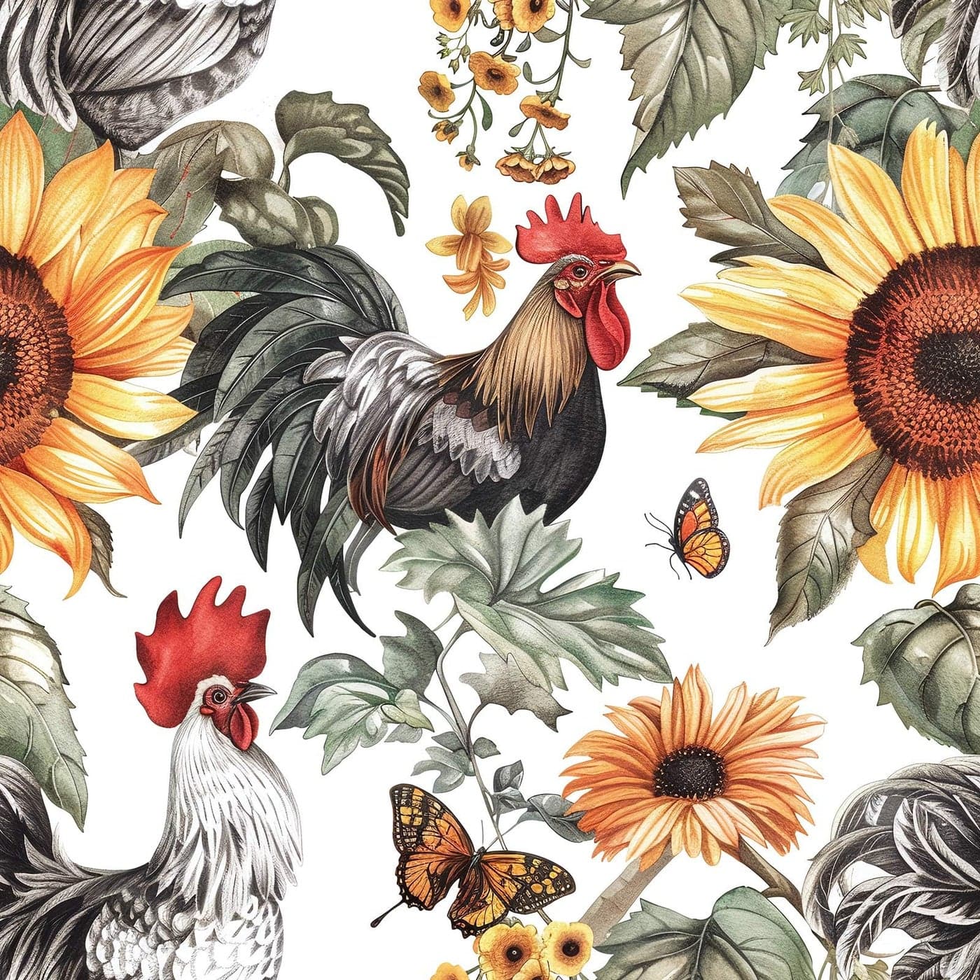 PODUFF Rooster Farmhouse Wallpaper Peel and Stick Sunflowers and Butterflies Wallpaper for Home Decor ColorfulYellowGreen 177in x 118in