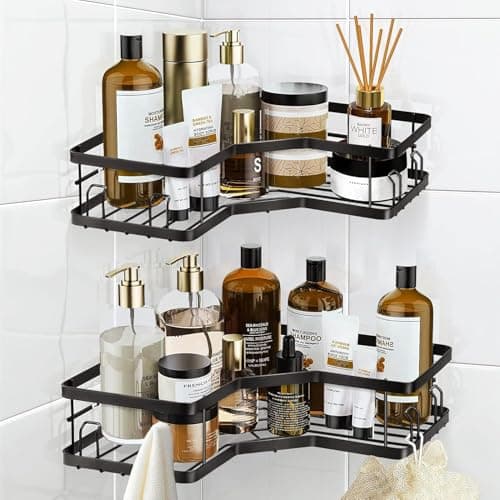 JIALTO 2 Pcs Bathroom Corner Shelves, Metal Bathroom Shelf for Wall, Black Bathroom Organiser, Wall Mounted Bathroom Rack and Corner (Black)