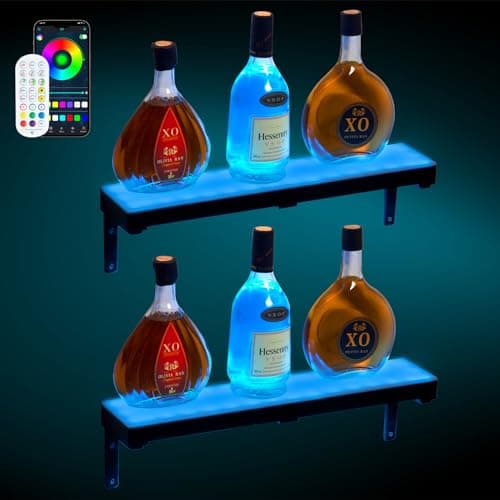 Leekimid 2 Pack Led Lighted Liquor Bottle Display Shelf, 20 Inch 1 Tier Wall Mounted Whiskey Rack, Bar Stand with RF Remote & App Control, Illuminated Acrylic Lighting Shelves for Home Bar, Party