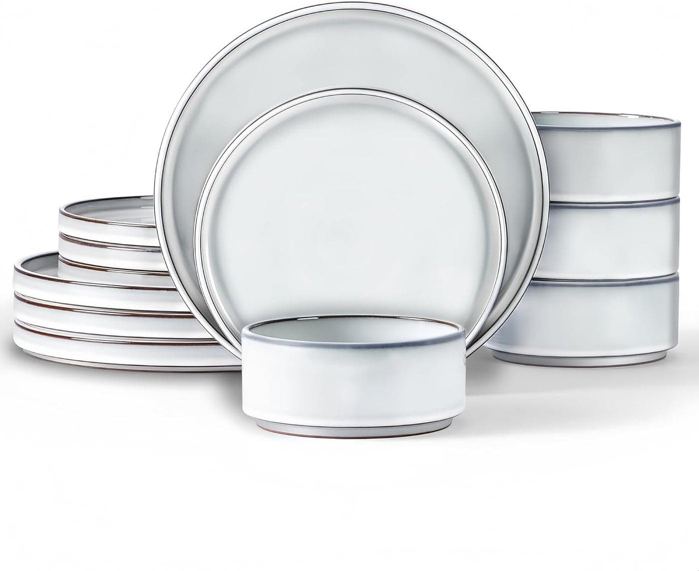 LIANYU Stoneware Dinnerware Dish Set for 4 12 Piece Ceramic Dinner Plates and Bowls Sets for Pasta Dessert Cereal Rustic Terracotta Bottom Microwave Dishwasher Safe Lucent White