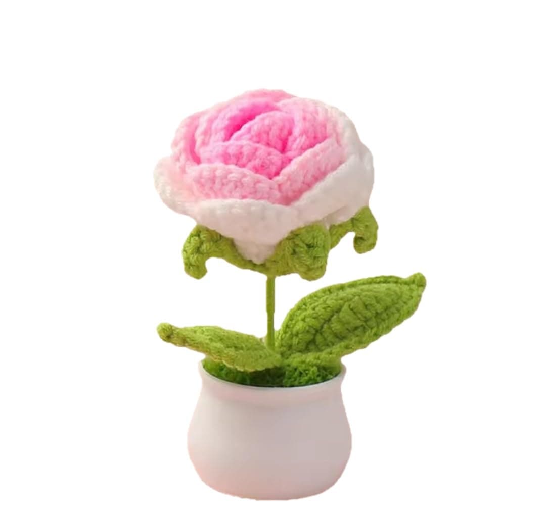 Mold Your Memories Crochet Flower, Artificial Flower Pink Shaded Rose 1 PC. Artificial Flowers with Pot for Office Desk,car Dashboard,Home décor, Decorative Items for Living Room,Gifts for Woman.