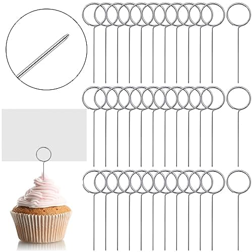 Seajan 100 Pcs Floral Card Holder Picks 2.24 Inch Ring Loop Stainless Steel Pin Small Wire Photo Metal Clip Short Picture Name Place Card Cupcake Memo Note Holder Sticks for DIY Wedding Birthday Food