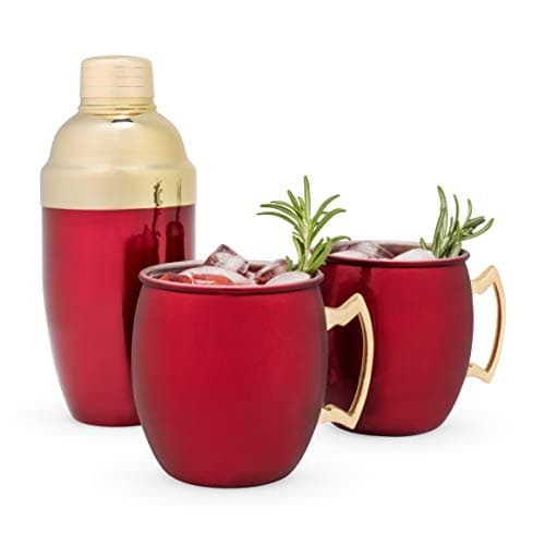Twine Red Moscow Mule Mug and Cocktail Shaker Gift Set, Holiday Barware Gifts, Cobbler Shaker, Mule Mugs, Red, Gold, Stainless Steel