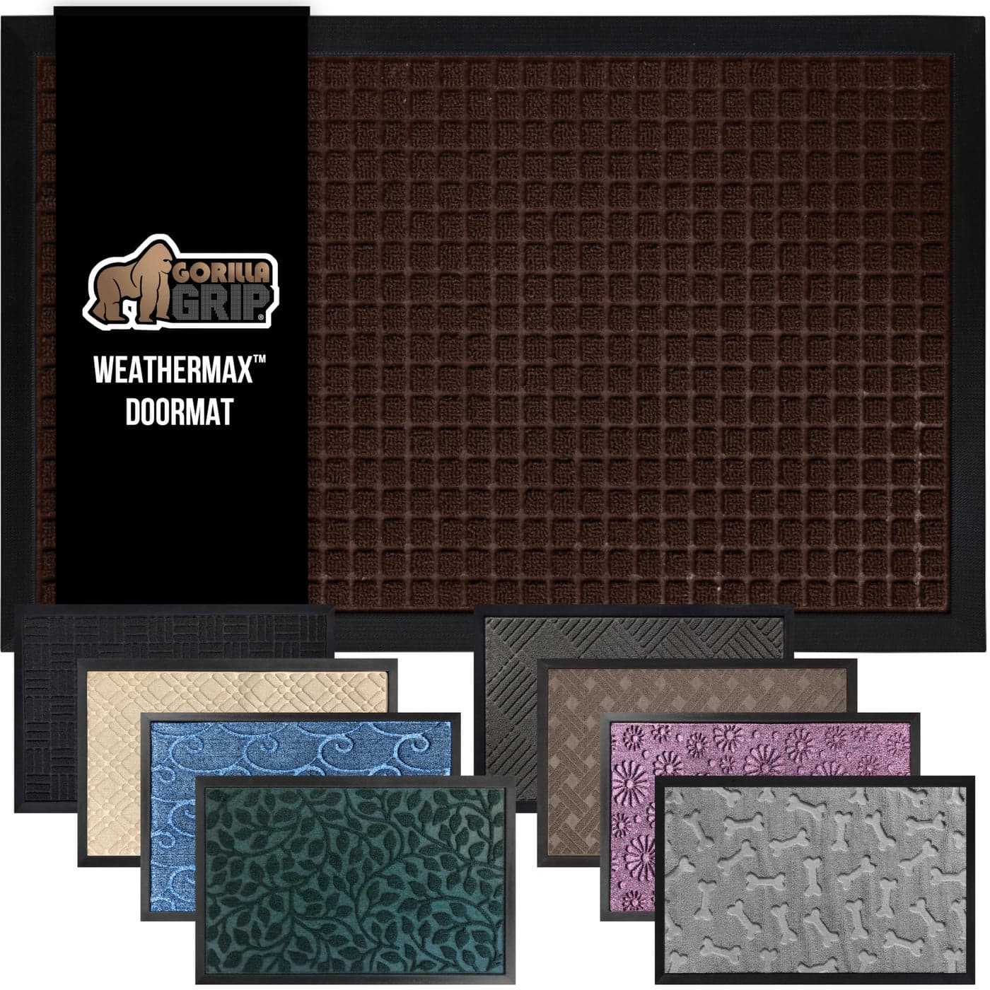 GORILLA GRIP 100 Waterproof AllSeason WeatherMax Doormat 35x23 US Designed Natural Rubber Stain and Fade Resistant Low Profile Indoor Outdoor Door Mats Easy Clean Patio Mat Coffee Squares