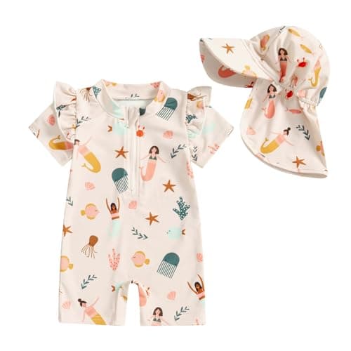 Lucikamy Infant Baby Boy Girls One Piece Swimsuit Short Sleeve Zipper Rash Guard Swimwear Toddler Bathing Suits Beachwear (Beige, 18-24 Months)