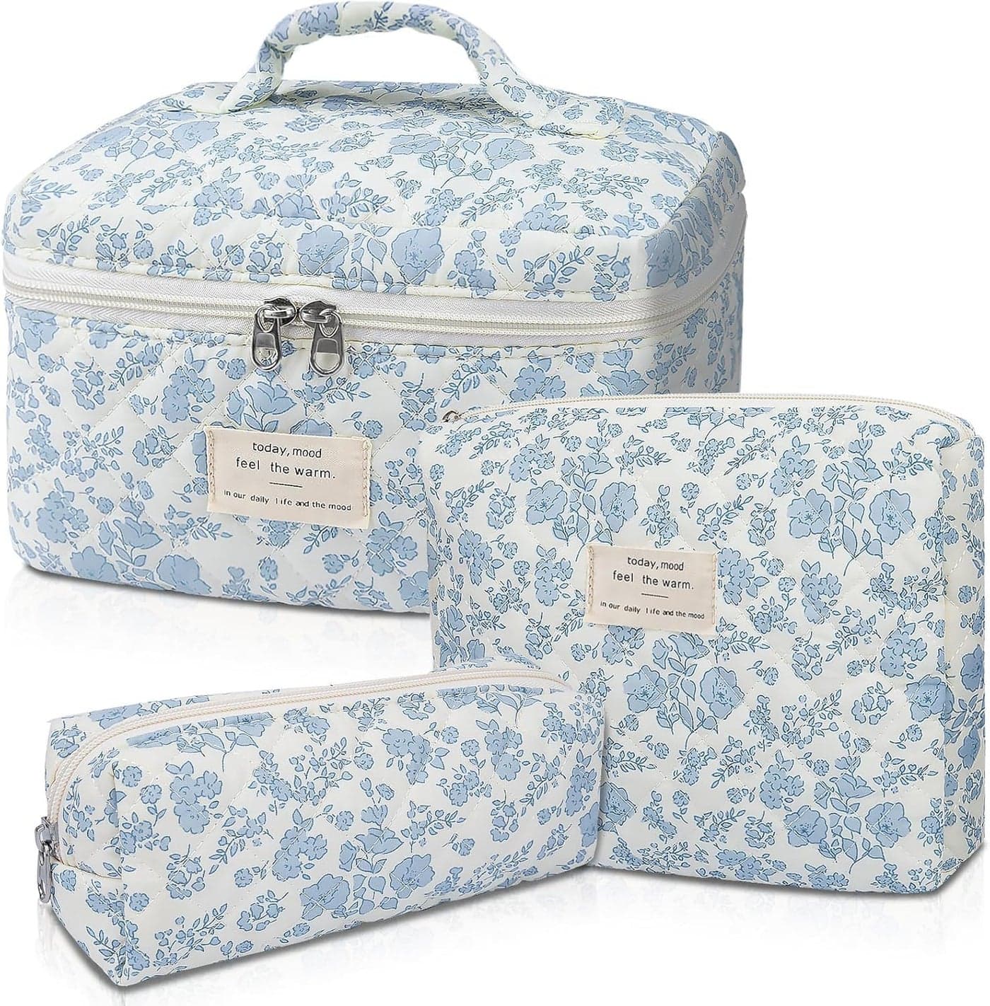 Lyrovo Makeup Organizer Cosmetic Bag Quilted Large Floral Make Up Organize Set for Women Flower Travel Toiletry Bag (Floral-White)