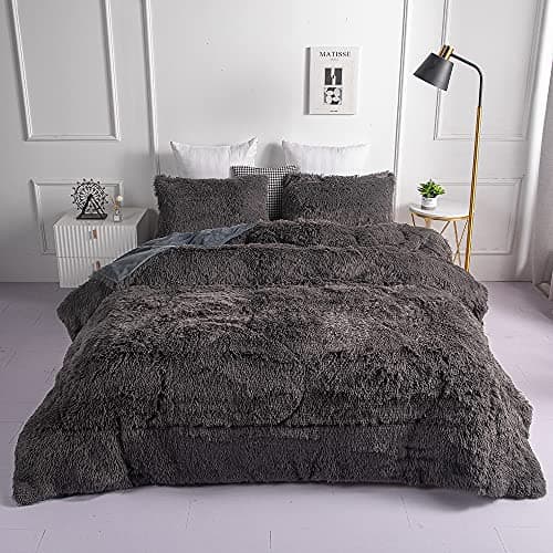 chovy Faux Fur Plush Gray Comforter Sets Twin/Full Size - Ultra Soft Shaggy Flannel Velvet Fluffy Fuzzy 3PC Bedding Set (Comforter x 1 Pillowcases x 2)
