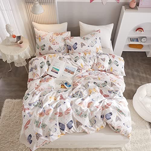 Ivellow Queen Duvet Cover Set 100% Cotton Butterfly White Duvet Cover for Kids Cute Bedding Set 3Pcs Ultra Soft Breathable Kids Duvet Cover Patterned Cartoon Comforter Cover Boys Girls Toddler Teen