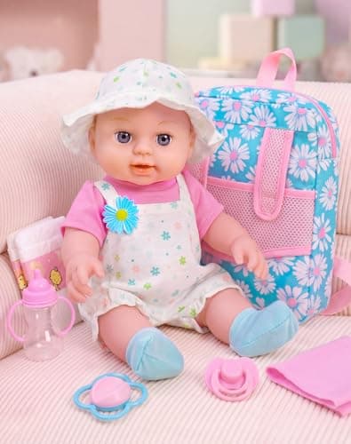 12 Girls Baby Doll Daisy Theme Backpack Carrier Playset12 Inch Reborn Baby Dolls With Accessories And Clothes Set Toy Stuffs Pink Hanky Diaper Bottle Nipple And Gifts For Baby Toddler Age 3