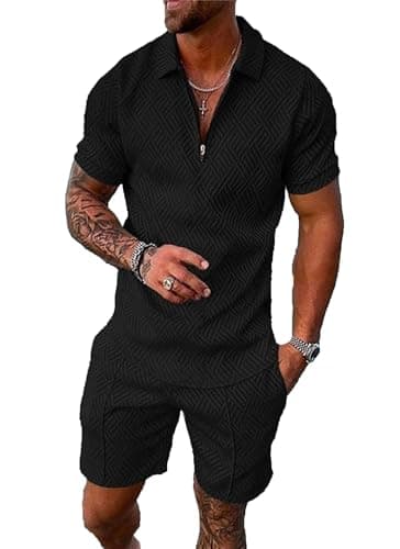 M Black Mens Short Sets 2 Piece Outfits Fashion Summer Tracksuits Casual Set Polo Shirt Short Sleeve and Shorts Set